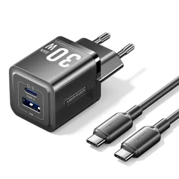 VENTION 2-Port USB (C + A) GaN Charger (30W/18W) Gray with USB-C to USB-C Cable (1M) Black EU-Plug (TZ-FEWH0-EU) (VENTZ-FEWH0-EU)