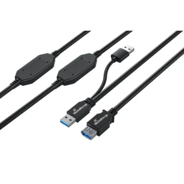 MediaRange Active USB Extension Cable, 2x USB-A Plug to 1x USB-A Socket, 2x Repeater, USB 3.0, 5 Gbps Data Transfer Rate, 15m, Black (MRCS244)