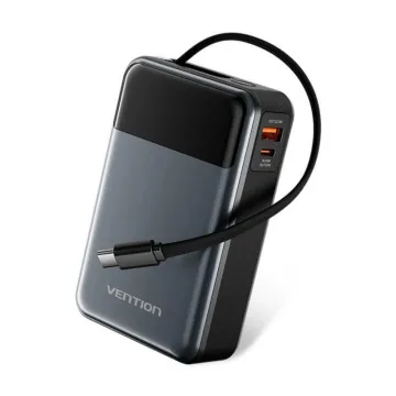 VENTION 10000mAh Mini Power Bank (USB-C + USB-C) with Built-in USB-C Cable 35W Gray Universal Type (FHEN0-TY) (VENFHEN0-TY)