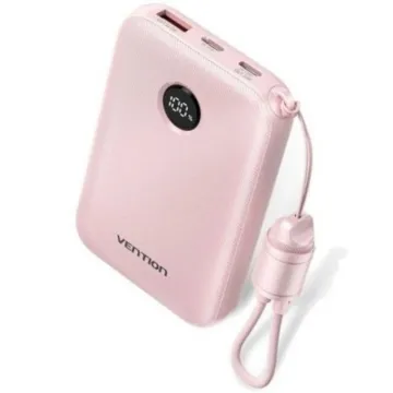 VENTION 10000mAh Power Bank (USB-C + USB-C/USB-C/USB-A) with Built-in USB-C to USB-C Cable 22.5W Pink LED Display Type (FKAP0-C) (VENFKAP0-C)