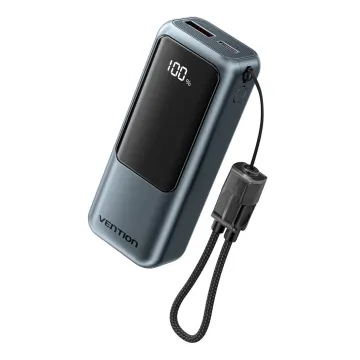 VENTION Mini 10000mAh Power Bank (USB-C + USB-A) with Built-in Lanyard 22.5W Gray LED Display Type (FKOH0) (VENFKOH0)