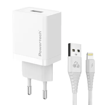POWERTECH φορτιστής τοίχου PT-1322 με καλώδιο USB-C, USB, 12W, λευκός