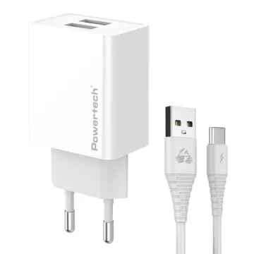 POWERTECH φορτιστής τοίχου PT-1323 με καλώδιο Lightning, USB, 12W, λευκός