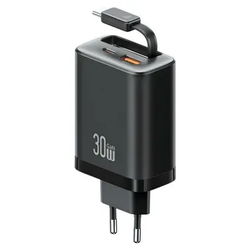 USAMS φορτιστής τοίχου CC296 με καλώδιο, USB & USB-C, 30W, μαύρος