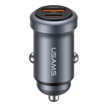 USAMS φορτιστής αυτοκινήτου CC322, USB & USB-C, 30W, γκρι