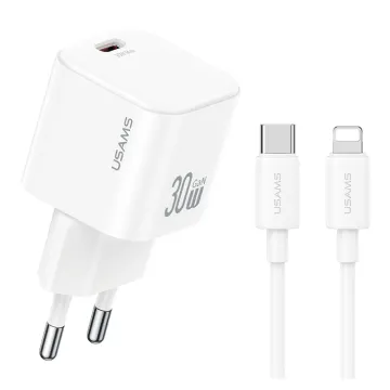 USAMS φορτιστής τοίχου CC262 με καλώδιο Lightning, 30W, GaN, λευκός