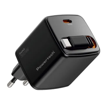 POWERTECH φορτιστής τοίχου PT-1571 με πτυσσόμενο καλώδιο, USB-C, 30W, GaN, μαύρος