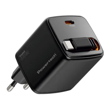 POWERTECH φορτιστής τοίχου PT-1573 με πτυσσόμενο καλώδιο, USB-C, 65W, GaN, μαύρος