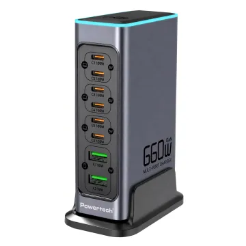 POWERTECH σταθμός φόρτισης PT-1621, 2x USB & 6x USB-C, GaN, 140W, γκρι