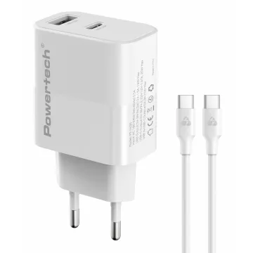 POWERTECH φορτιστής τοίχου PT-1635 με καλώδιο, USB/USB-C, 20W, λευκός