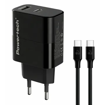 POWERTECH φορτιστής τοίχου PT-1637 με καλώδιο, USB/USB-C, 20W, μαύρος