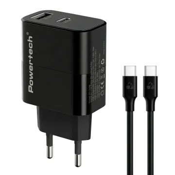 POWERTECH φορτιστής τοίχου PT-1638 με καλώδιο, USB/USB-C, 30W, GaN, μαύρος