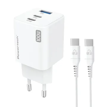 POWERTECH μίνι φορτιστής τοίχου PT-1671 με καλώδιο, USB/2x USB-C, 100W, GaN, λευκός