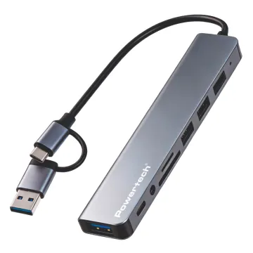 POWERTECH USB hub PTR-0205 με card reader, 8 θυρών, USB & USB-C σύνδεση, γκρι