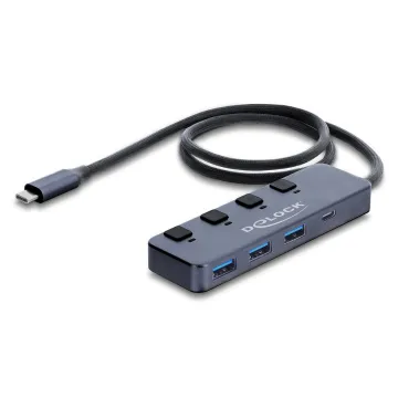 DELOCK USB-C hub 64384 με διακόπτες, 4x θυρών, 10Gbps, USB-C σύνδεση, γκρι