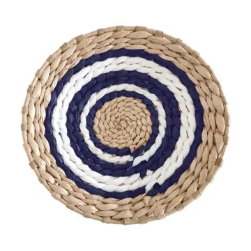 Δίσκος Boho διακοσμητικός ψάθινος φυσικό/λευκό/μπλε Ø25εκ.