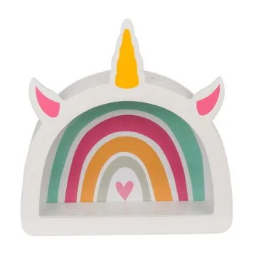 Κουμπαράς - κορνίζα ξύλινος «Rainbow unicorn» Υ18x5xØ17,5εκ.