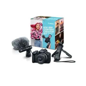 Canon EOS R50 18-45 Content creator kit includes : Tripod grip with bundled wireless remote control HG-100TBR/ Stereo microphone DM-E100
