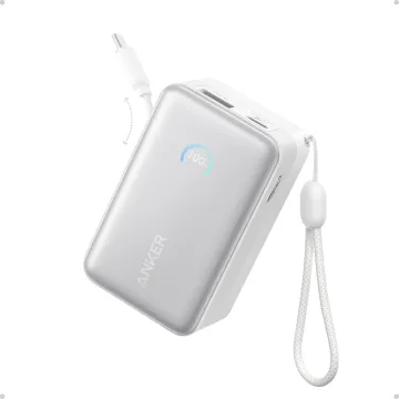 Anker Powerbank Nano 10K mAh, 45W max power, Built-In Retractable USB-C Cable, White