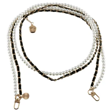 VOLTE-TEL NECK STRAP - ΑΛΥΣΙΔΑ ΛΑΙΜΟΥ ΓΙΑ ΘΗΚΕΣ WHITE PEARLS WITH BLACK LEATHER-GOLD METAL VT424 120cm