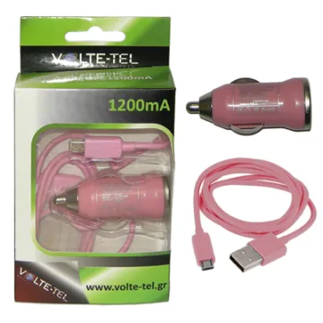 VOLTE-TEL MICRO USB(ΦΟΡΤΙΣΗΣ-DATA VCD01+ΦΟΡΤΙΣΤΗΣ ΑΥΤΟΚΙΝΗΤΟΥ VCU09 1200mA) PINK