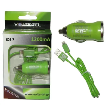 VOLTE-TEL LIGHTNING USB(ΦΟΡΤΙΣΗΣ-DATA VCD01+ΦΟΡΤΙΣΤΗΣ ΑΥΤΟΚΙΝΗΤΟΥ VCU09 1200mA 6W)GREEN iOS7