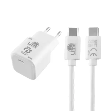 LIME USB-C GAN PD 3.0 SUPER FAST TRAVEL LTC54W5V-9V 4.0A/12V 3.5A/20V 2.7A 54W +ΦΟΡΤΙΣΗΣ-DATA LCC04 USB-C TO USB-C 78W WHITE