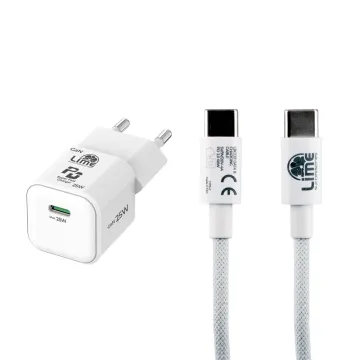 LIME USB-C MINI GAN PD 3.0 SUPER FAST TRAVEL LGC25W 5V 4.0A/ 9V 2.77A 25W+ BRAIDED ΦΟΡΤΙΣΗΣ-DATA LBCC01 USB-C TO USB-C 68W