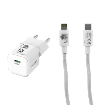 LIME USB-C MINI GAN PD 3.0 SUPER FAST TRAVEL LGC25W 5V 4.0A/ 9V 2.77A 25W+ BRAIDED ΦΟΡΤΙΣΗΣ-DATA LBCL01 USB-C TO LIGHTNING 30