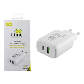 LIME USB-C PD 3.0 DUAL SUPER FAST TRAVEL LTC36W 4.0A 36W - USB-A QC 3.0 21W max 36W WHITE