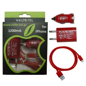 VOLTE-TEL LIGHTNING IPHONE 5 KIT USB (TRAVEL VTU05+Φ.Α VCU09+VCD01) RED 1200mA 6W VT