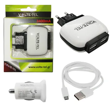 VOLTE-TEL MICRO USB(USB DATA VCD01+TRAVEL VTU64 2400mA 12W+Φ.Α VCU33)WHITE