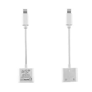 NSP ADAPTOR CABLE 2 IN 1 CHARGING AND AUDIO ADAPTER LIGHTNING TO 3.5MM JACK+LIGHTNING 2.4A WHITE