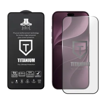 IDOL 1991 TITANIUM TEMPERED GLASS IPHONE 18 PRO 6.3in 9H 0.25mm SEMI CURVED FINGER UNLOCK FULL GLUE BLACK