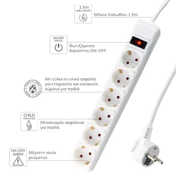LIME ΠΟΛΥΠΡΙΖΟ 6 ΣΟΥΚΟ LS-615W ΜΕ ΔΙΑΚΟΠΤΗ - ΠΑΙΔΙΚΗ ΠΡΟΣΤΑΣΙΑ ΥΠΕΡΤΑΣΗΣ & ΥΠΕΡΦΟΡΤΩΣΗΣ (3x1.5mm2) 1.5m ΑΣΠΡΟ