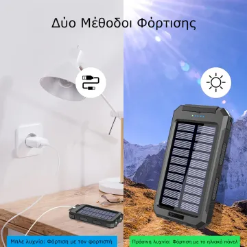 SOLAR POWER BANK 8000mAh IP64 WITH FLASHLIGHT AND COMPASS OUTPUT USB1 5V-2A/ USB2 5V-2A MAX 2.1A INPUT MICRO USB 5V-2A BLACK