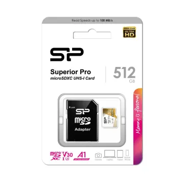 SILICON POWER micro SDXC 512GB CLASS 10 UHS-1 U3 V30 SUPERIOR PRO R100/W80 MB/S + SD ADAPTOR SP512GBSTXDU3V20AB
