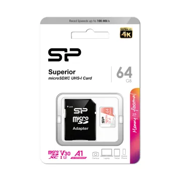 SILICON POWER micro SDΧC 64GB CLASS 10 UHS-1 U3 V30 SUPERIOR R100/W80 MB/S + SD ADAPTOR SP064GBSTXDV3V20SP