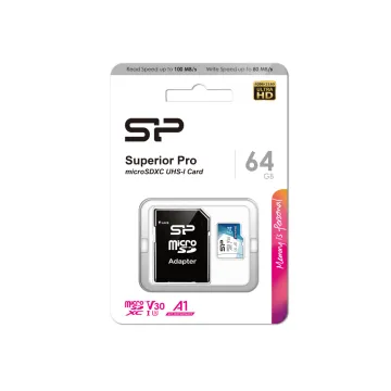 SILICON POWER micro SDXC 64GB CLASS 10 UHS-1 U3 V30 SUPERIOR PRO R100/W80 MB/S + SD ADAPTOR SP064GBSTXDU3V20AB