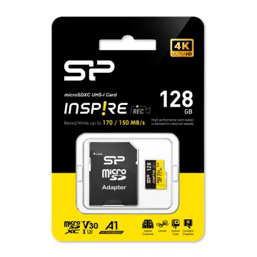 SILICON POWER micro SDXC 128GB CLASS 10 UHS-I U3 A1 V30 INSPIRE DDR200/WA R170/W150 MB/S + SD ADAPTOR SP128GBSTXLV3V1NSP