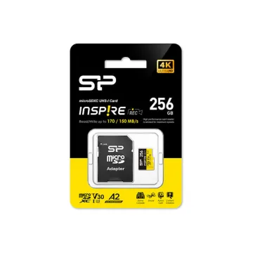 SILICON POWER micro SDXC 256GB CLASS 10 UHS-I U3 A2 V30 INSPIRE DDR200/WA R170/W150 MB/S + SD ADAPTOR SP256GBSTXLA2V1NSP