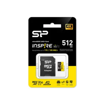 SILICON POWER micro SDXC 512GB CLASS 10 UHS-I U3 A2 V30 INSPIRE DDR200/WA R170/W150 MB/S + SD ADAPTOR SP512GBSTXLA2V1NSP