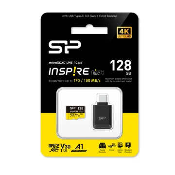 SILICON POWER micro SDXC 128GB CLASS 10 UHS-I U3 A1 C200 V30 INSPIRE DDR200 R170/W150 MB/S + CARD READER SP128GBSTXLV3VC2
