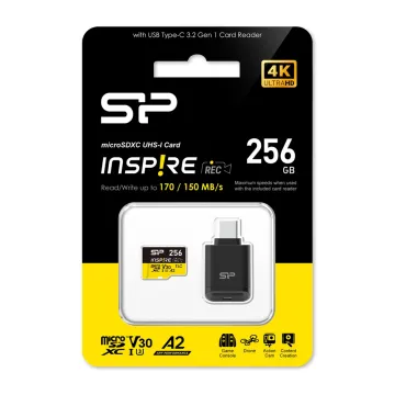 SILICON POWER micro SDXC 256GB CLASS 10 UHS-I U3 A2 C200 V30 INSPIRE DDR200 R170/W150 MB/S + CARD READER SP256GBSTXLA2VC2