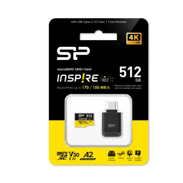 SILICON POWER micro SDXC 512GB CLASS 10 UHS-I U3 A2 C200 V30 INSPIRE DDR200 R170/W150 MB/S + CARD READER SP512GBSTXLA2VC2