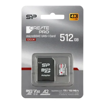 SILICON POWER micro SDXC 512GB CLASS 10 UHS-I U3 A2 V30 CREATE PRO DDR200/WA R170/W120 MB/S + SD ADAPTOR SP512GBSTXLA2V1CSP