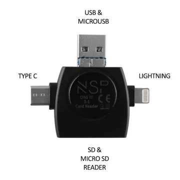 NSP N35 3 IN 1 SD CARD READER USB-A/MICRO USB/TYPE C & LIGHTNING BLACK