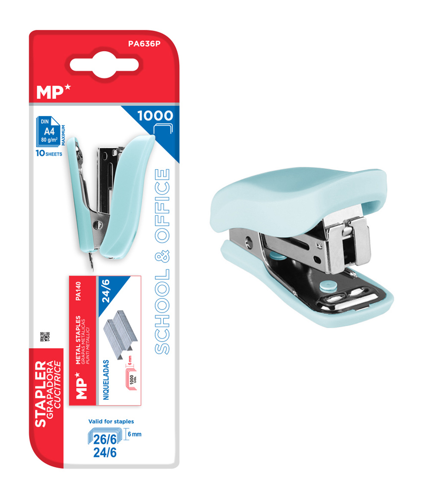 MP mini συρραπτικό PA636P με ανταλλακτικά, 24/6 - 26/6, 10 φύλλα, μπλε