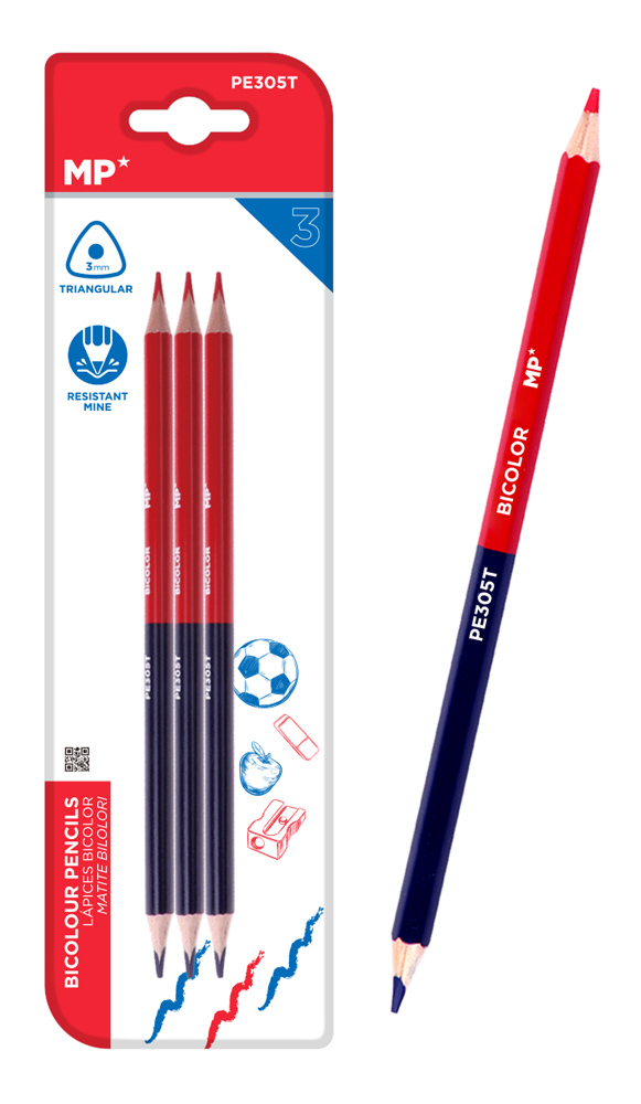 MP ξυλομπογιά με διπλή μύτη PE305T, 3mm μύτη, τρίγωνο, μπλε/κόκκινο, 3τμχ