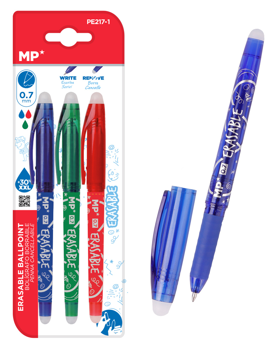 MP σετ στυλό διαρκείας PE217-1, erasable, 0.7mm, μπλε/πράσινο/κόκκινο, 3τμχ